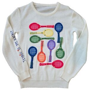Vintage Cyn Les Tennis Is My Racket Sweater Womens XS S Colorful Racquet Knit